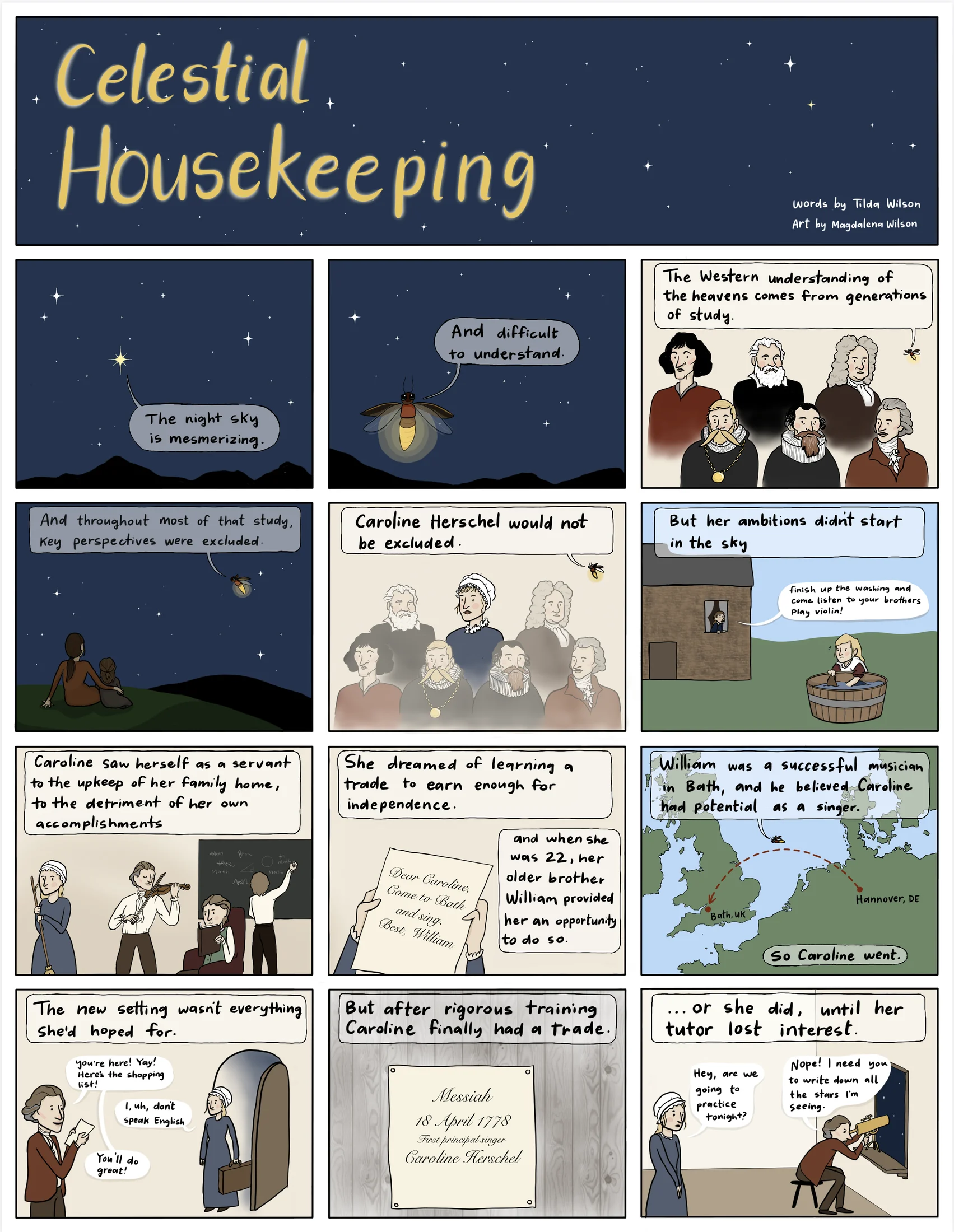 Celestial Housekeeping, page 1: a night-sky title panel, then the story of Caroline Herschel growing up as a servant in her family home, dreaming of a trade, and moving to Bath to join her brother William
