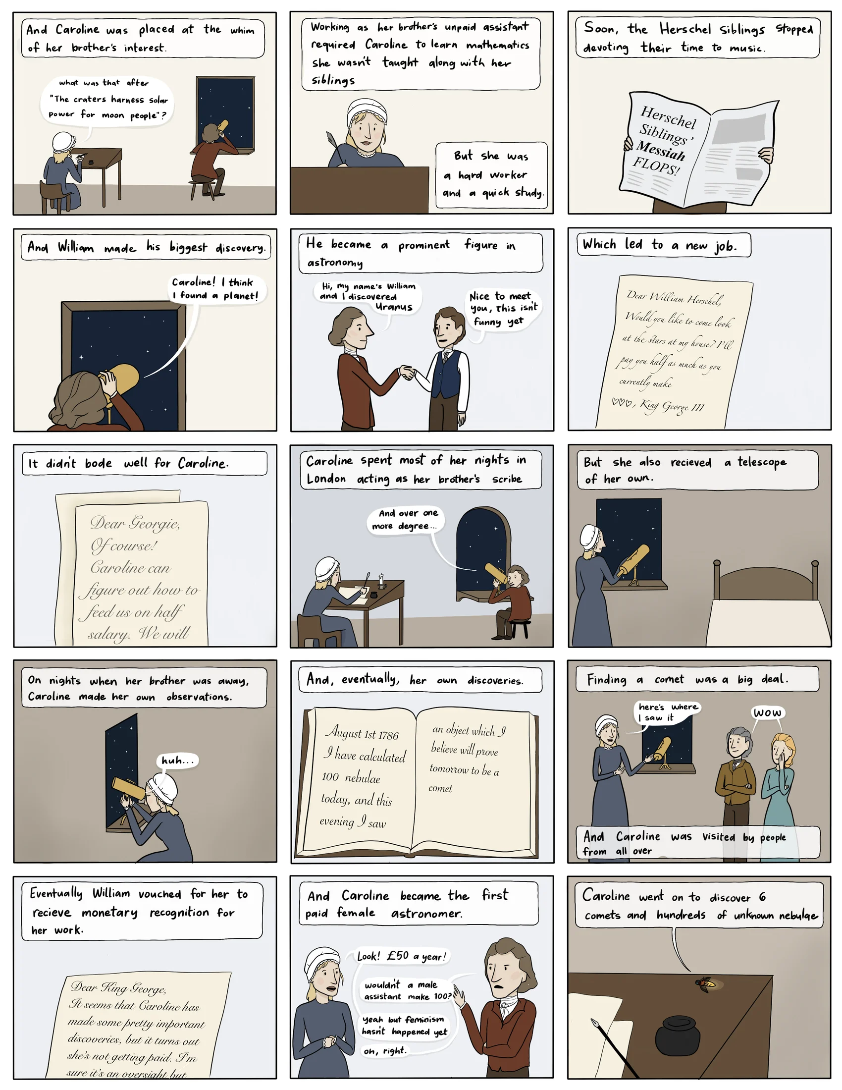 Celestial Housekeeping, page 2: Caroline trains as a singer, then is pulled into William’s astronomy, grinding mirrors, recording observations and sweeping the sky for comets on her own