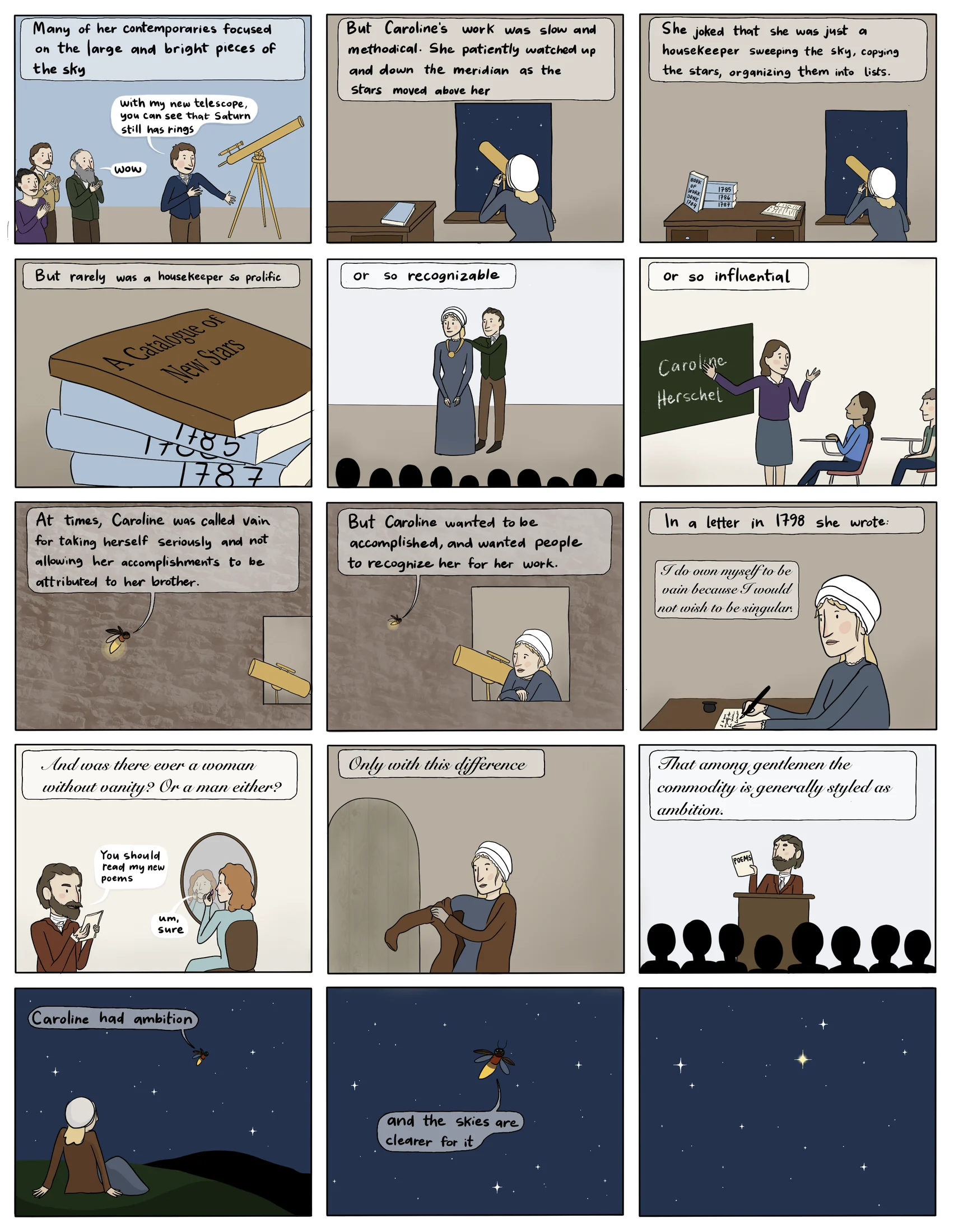 Celestial Housekeeping, page 3: Caroline becomes the first woman paid as an astronomer, discovers comets and nebulae, and is honored late in life, ending under a starry sky