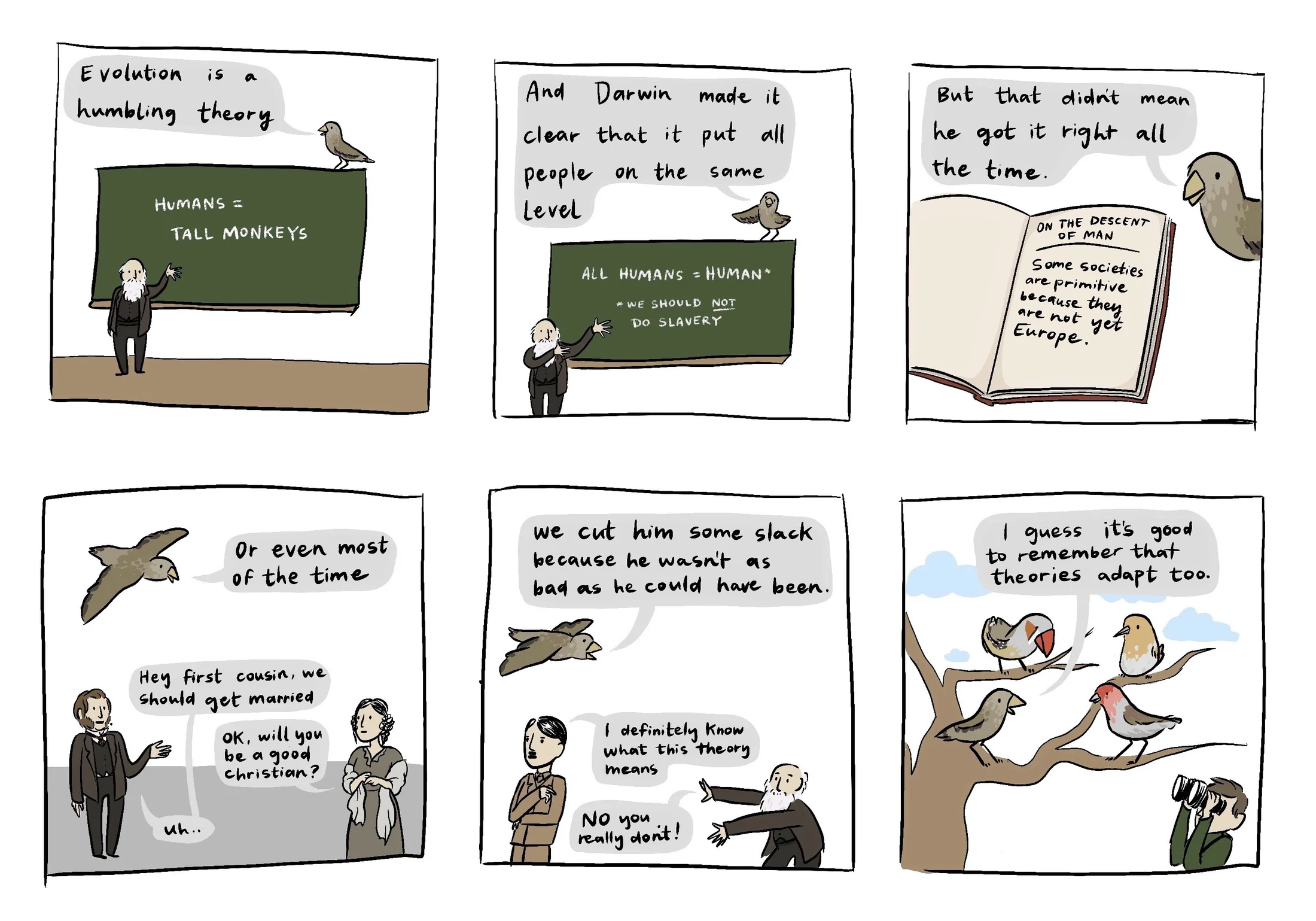 Six-panel comic about Darwin and evolution: birds watch a professor’s lecture, a book about natural selection, and a finch’s reaction