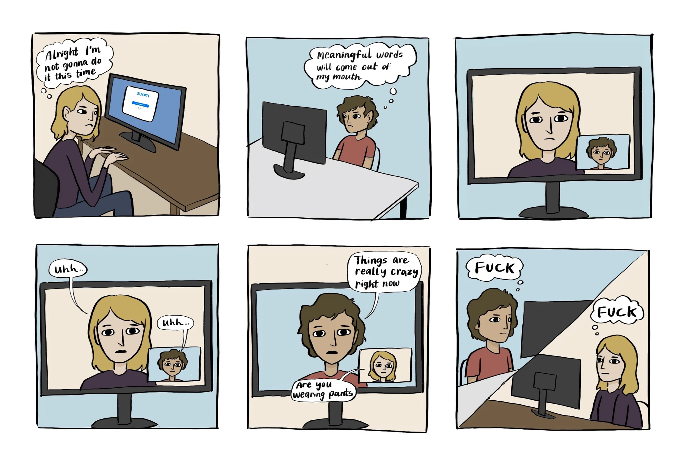Six-panel comic about video calls: two people on a laptop call end up saying the same thing at the same time, and both swear