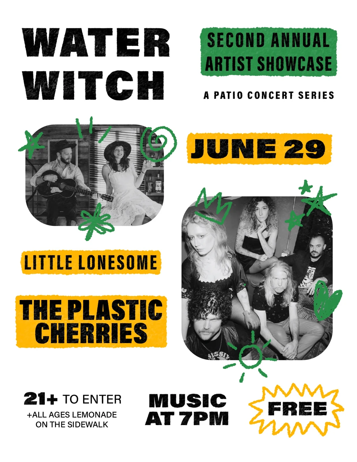 Water Witch, June 29: Little Lonesome and The Plastic Cherries, with photos of each band ringed in green doodles