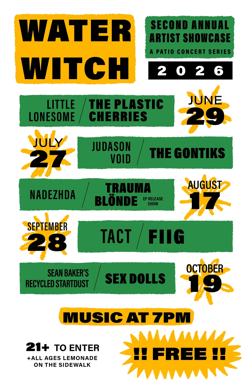 Water Witch second annual artist showcase, a patio concert series, 2026: the full lineup from June 29 to October 19 in green and yellow blocks, music at 7pm, 21+, free