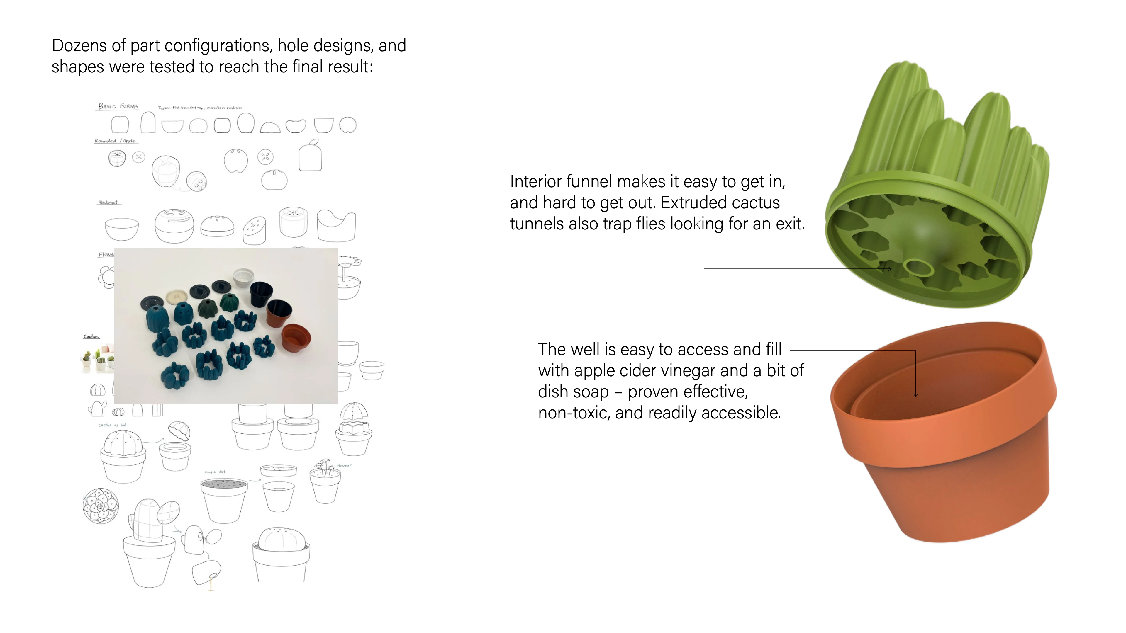 Portfolio page: a sheet of trap concept sketches with a photo of 3D-printed prototypes, under the text “Dozens of part configurations, hole designs, and shapes were tested to reach the final result.” Beside it, an exploded render of the cactus lid and pot with callouts: Interior funnel makes it easy to get in, and hard to get out. Extruded cactus tunnels also trap flies looking for an exit. The well is easy to access and fill with apple cider vinegar and a bit of dish soap – proven effective, non-toxic, and readily accessible.