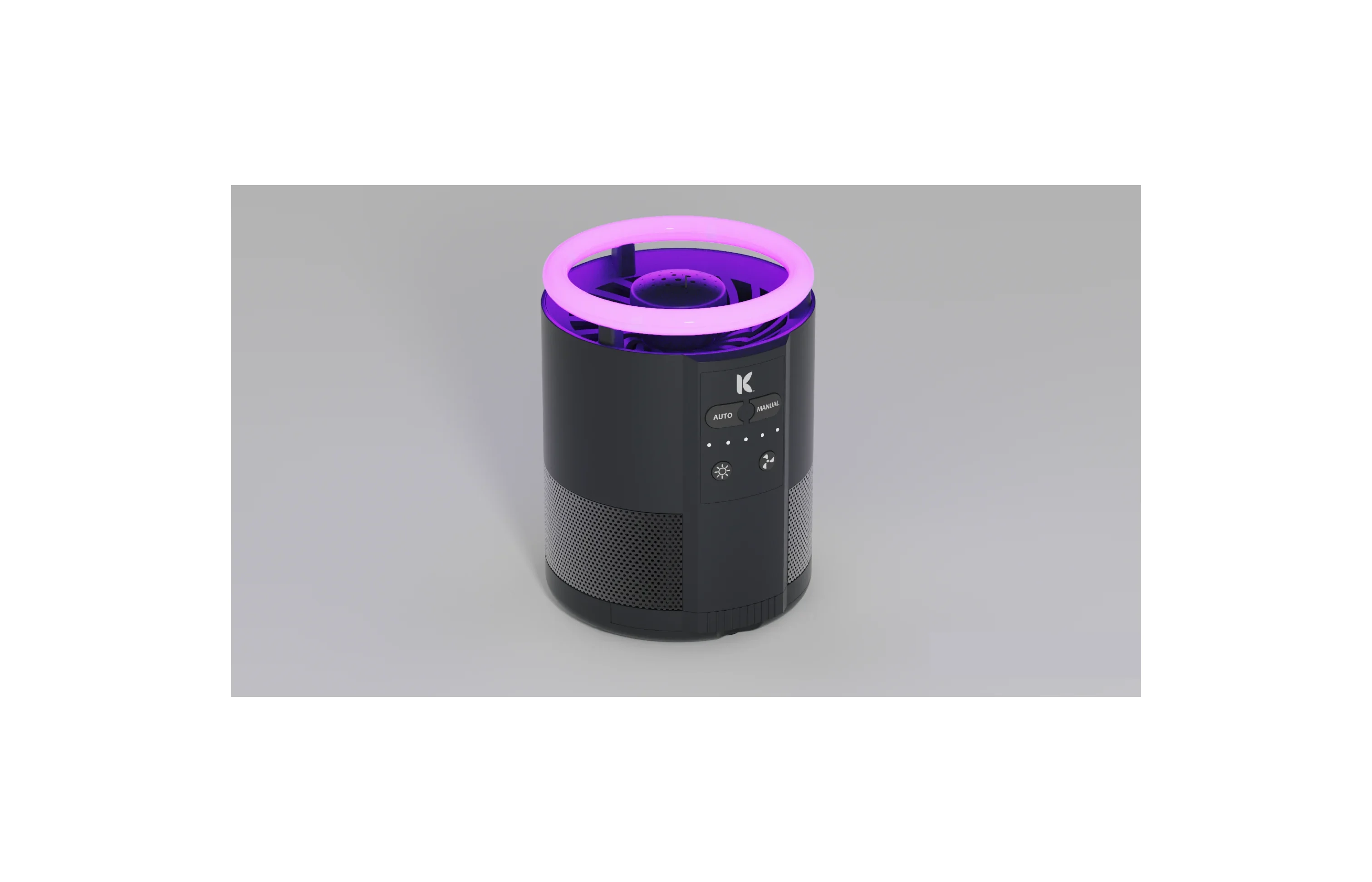 Render of the Katchy Duo: a black cylindrical insect trap with a glowing purple halo ring on top and a control panel on the front