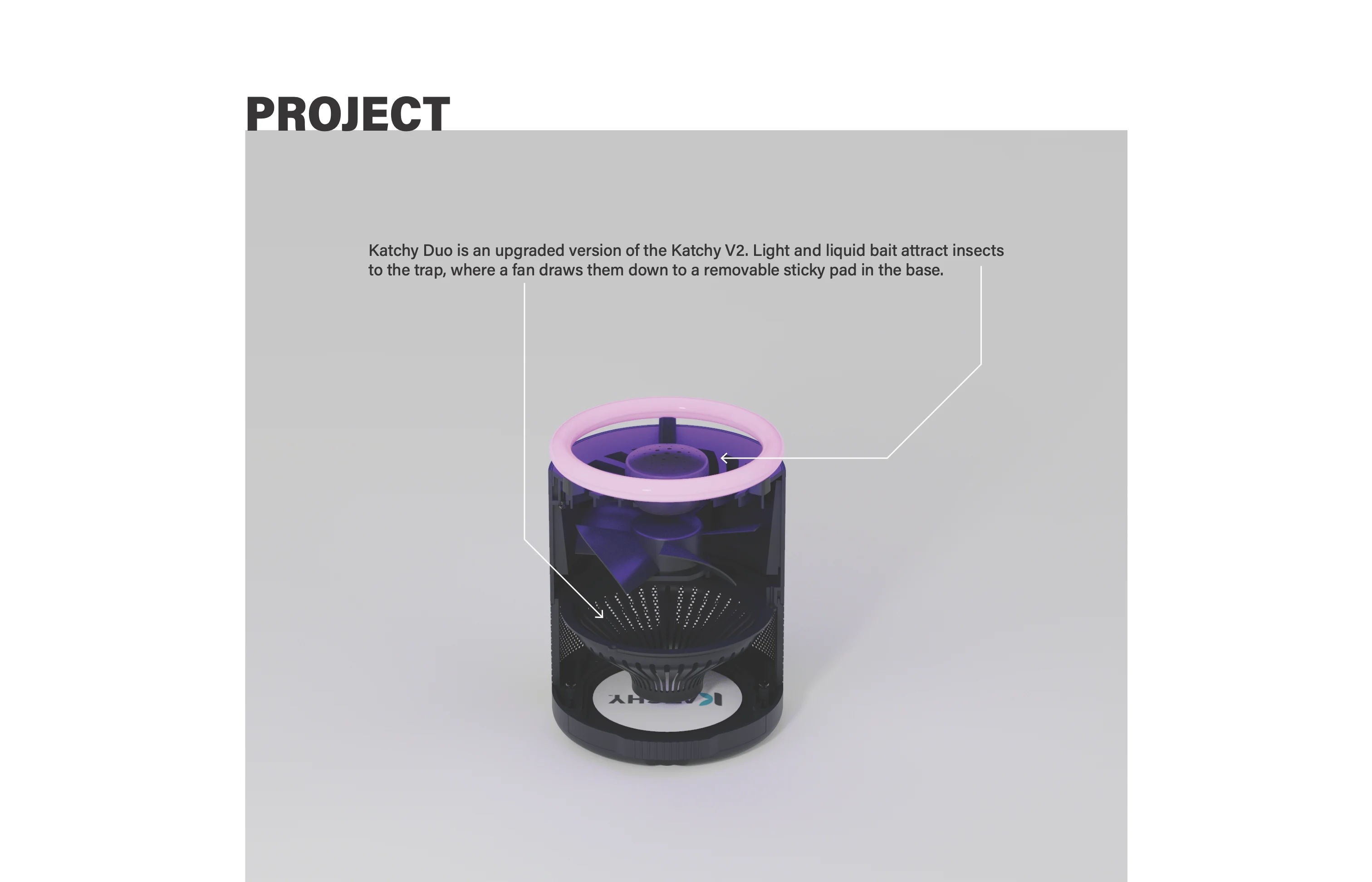 Project: a cutaway render with the text: Katchy Duo is an upgraded version of the Katchy V2. Light and liquid bait attract insects to the trap, where a fan draws them down to a removable sticky pad in the base.