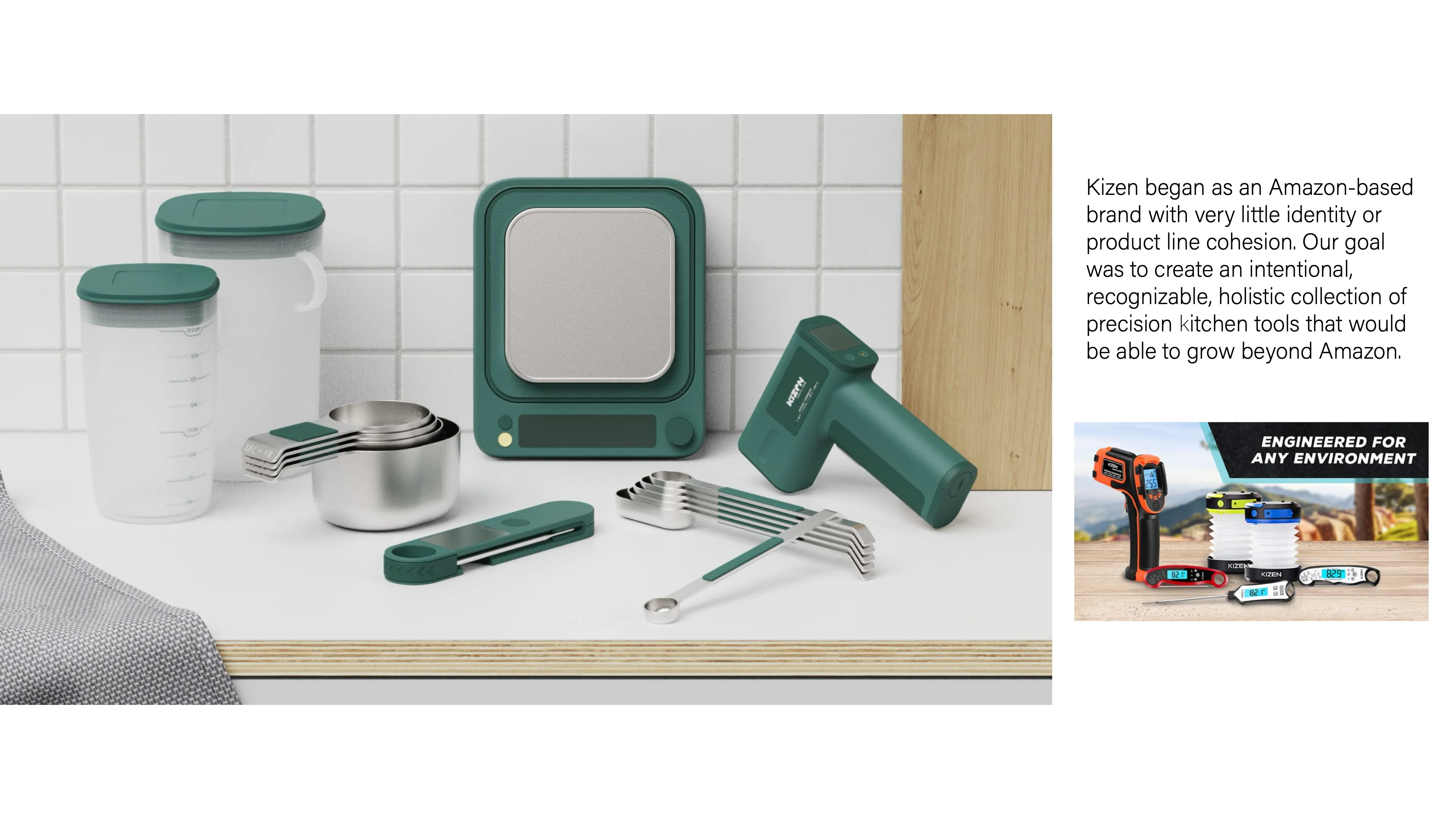 Portfolio page: Kizen kitchen tools in deep green and brushed steel on a white tiled counter, beside the text “Kizen began as an Amazon-based brand with very little identity or product line cohesion. Our goal was to create an intentional, recognizable, holistic collection of precision kitchen tools that would be able to grow beyond Amazon,” and the brand’s earlier Amazon listing image.