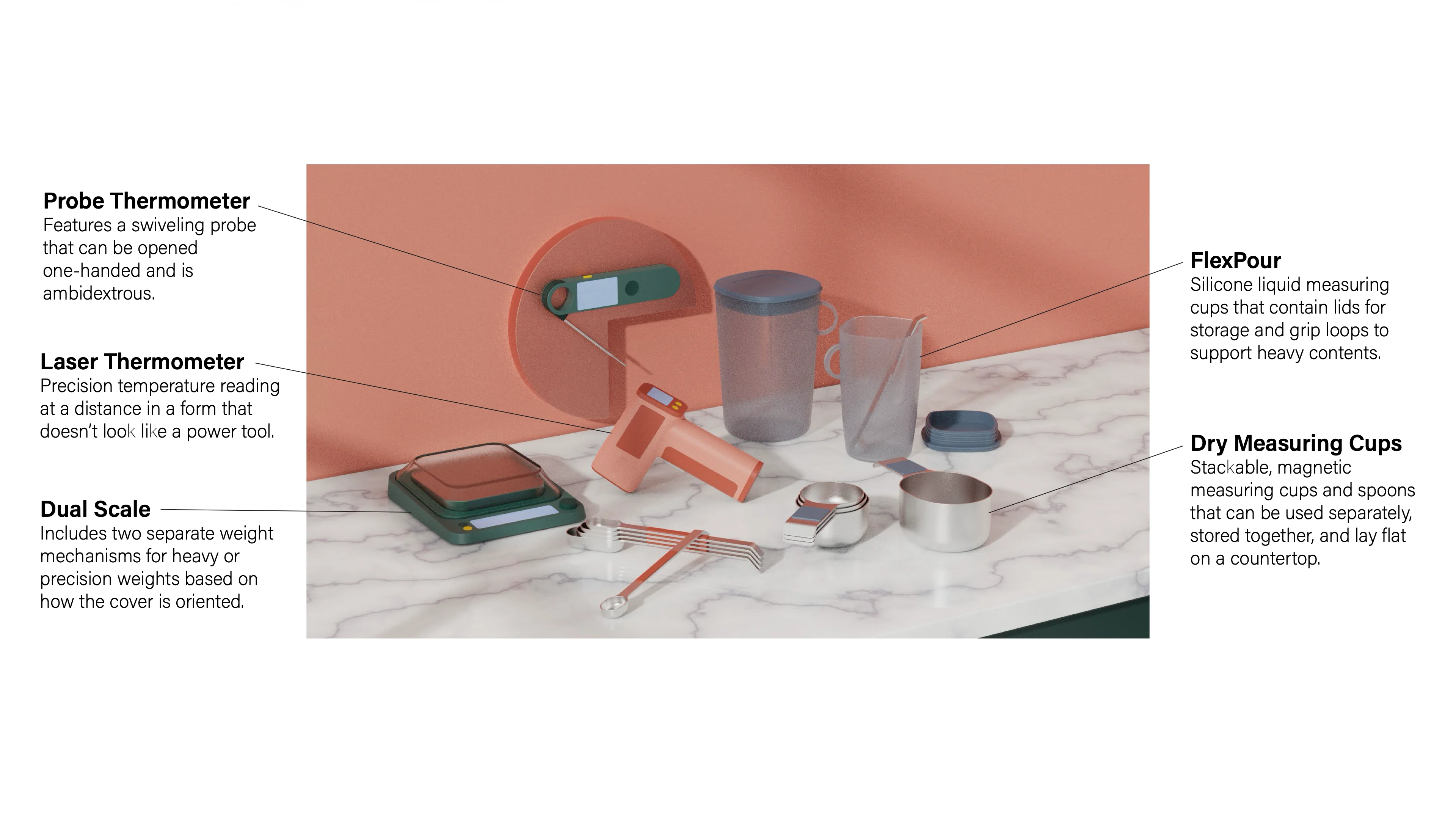 Portfolio page: the Kizen collection in coral and green on a marble counter, with callouts. Probe Thermometer: features a swiveling probe that can be opened one-handed and is ambidextrous. Laser Thermometer: precision temperature reading at a distance in a form that doesn’t look like a power tool. Dual Scale: includes two separate weight mechanisms for heavy or precision weights based on how the cover is oriented. FlexPour: silicone liquid measuring cups that contain lids for storage and grip loops to support heavy contents. Dry Measuring Cups: stackable, magnetic measuring cups and spoons that can be used separately, stored together, and lay flat on a countertop.