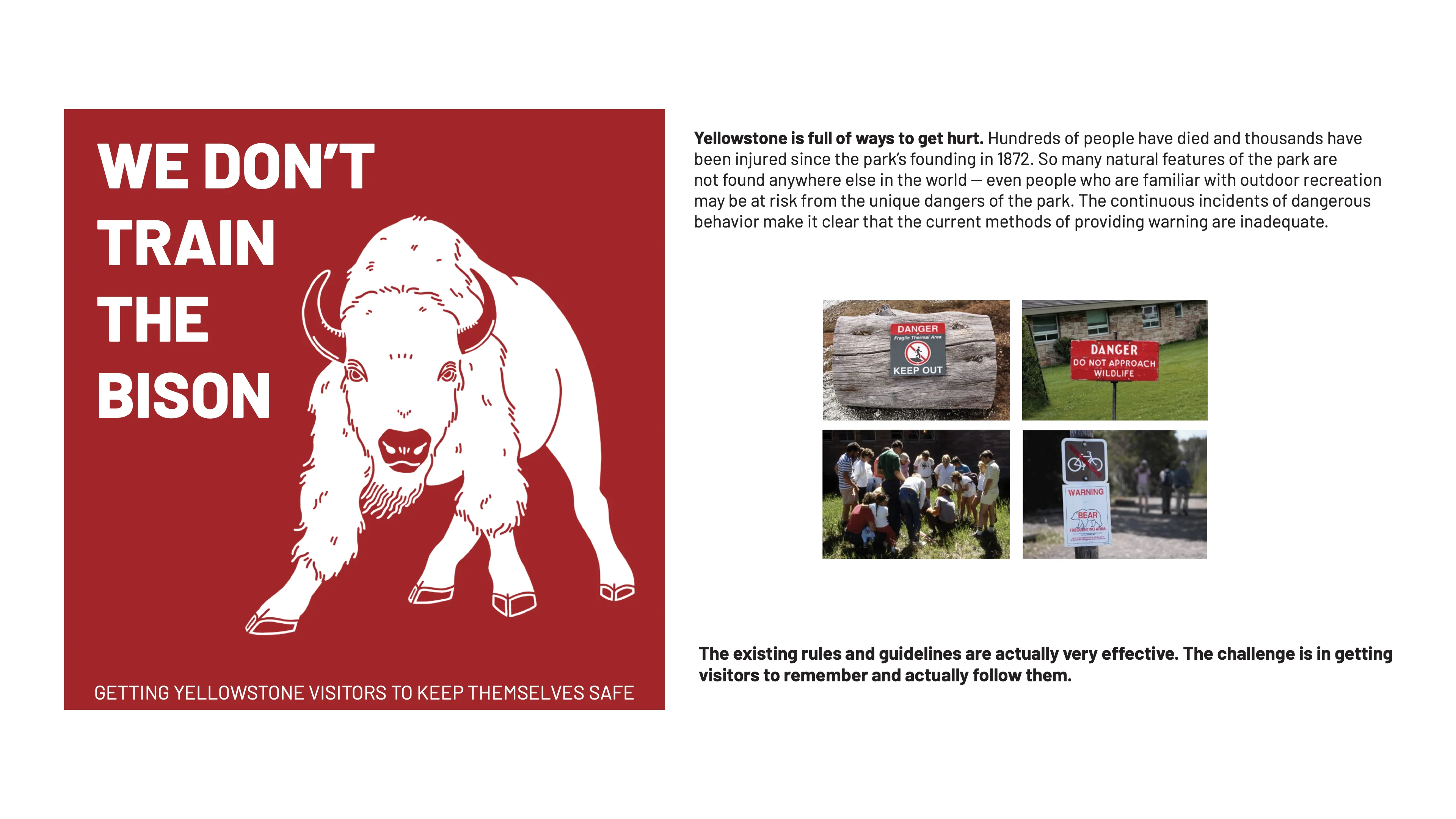 Portfolio page: a red poster reading “We Don’t Train the Bison” with a charging white bison and “Getting Yellowstone visitors to keep themselves safe.” Beside it: “Yellowstone is full of ways to get hurt. Hundreds of people have died and thousands have been injured since the park’s founding in 1872. So many natural features of the park are not found anywhere else in the world — even people who are familiar with outdoor recreation may be at risk from the unique dangers of the park. The continuous incidents of dangerous behavior make it clear that the current methods of providing warning are inadequate.” Four photos of existing park warning signs and a crowd of visitors, and: “The existing rules and guidelines are actually very effective. The challenge is in getting visitors to remember and actually follow them.”